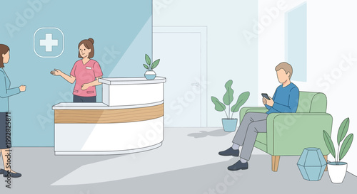 Medical Reception Area with Patients Waiting and Nurse at Desk