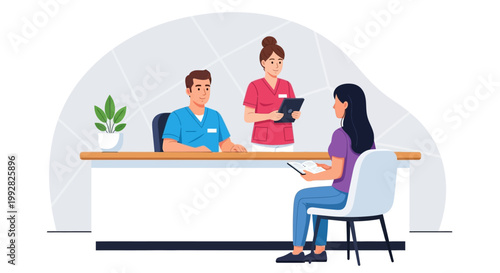 Medical Receptionist and Nurse Assisting Patient at Clinic Desk