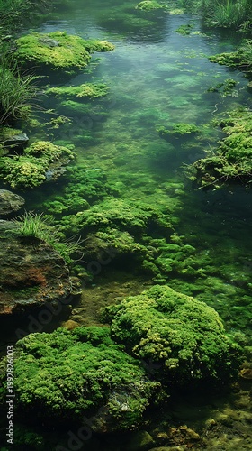 Lush green moss and clear water in a vibrant natural stream