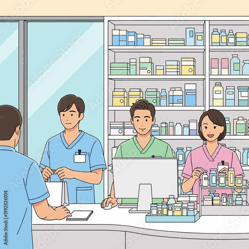 Pharmacists Assisting Customers at Pharmacy Counter with Shelves of Medicine