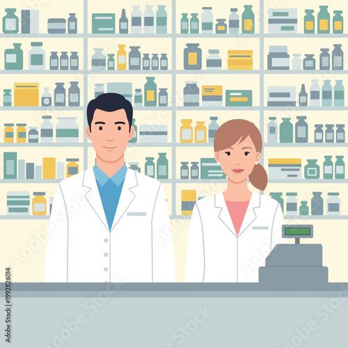 Pharmacists Standing Behind Counter in Pharmacy with Shelves of Medicine