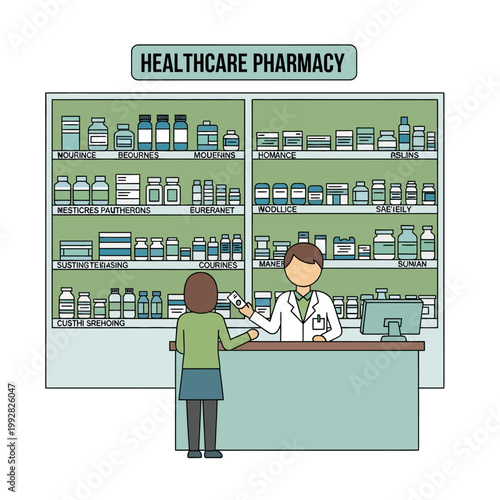Pharmacy Interior with Pharmacist and Customer, Shelves of Medicine Bottles, Healthcare Concept
