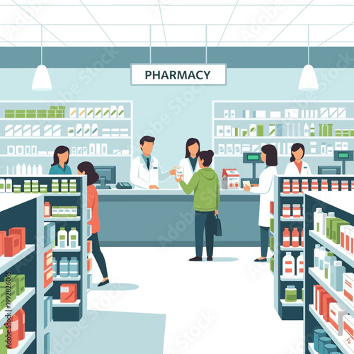 Pharmacy interior with pharmacists and customers shopping for medication and health products