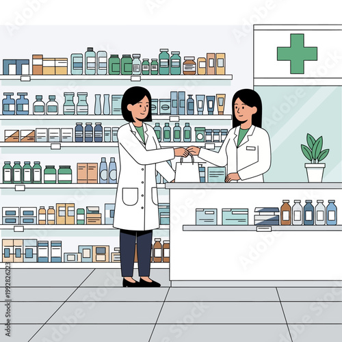 Two female pharmacists in white coats interacting at a pharmacy counter with medicine shelves in background.