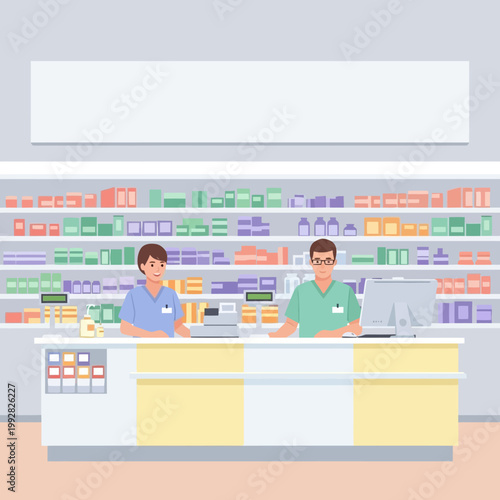 Two pharmacists at counter in modern pharmacy with shelves full of medicine