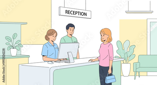 Woman at reception desk in medical office, nurse and receptionist help