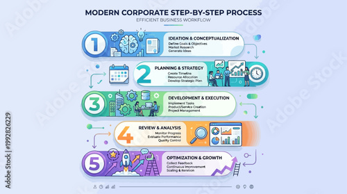 A modern corporate step-by-step process infographic displays a numbered workflow