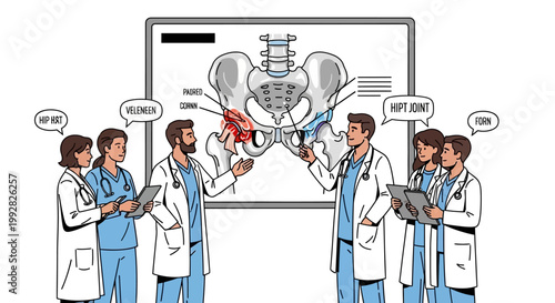 Medical Team Discussing Hip Joint Anatomy and Pathology