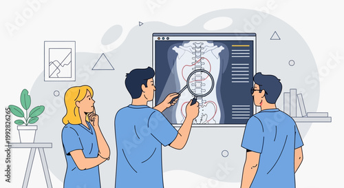 Medical Team Analyzing X-ray Scan of Spine and Kidneys with Magnifying Glass