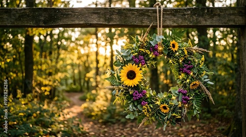 Autumn Sunflower Wreath Hanging on Wooden Fence in Golden Forest Light