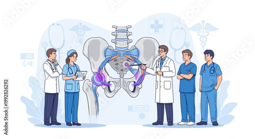 Medical Team Discussing Pelvic Anatomy and Hip Joint Health with Anatomical Illustration
