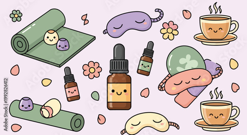 Cartoon wellness items pattern with smiling bottles and cups.