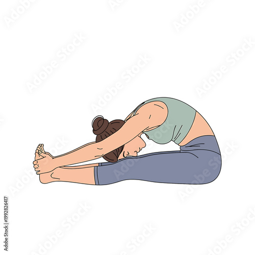 Woman doing seated forward bend yoga.