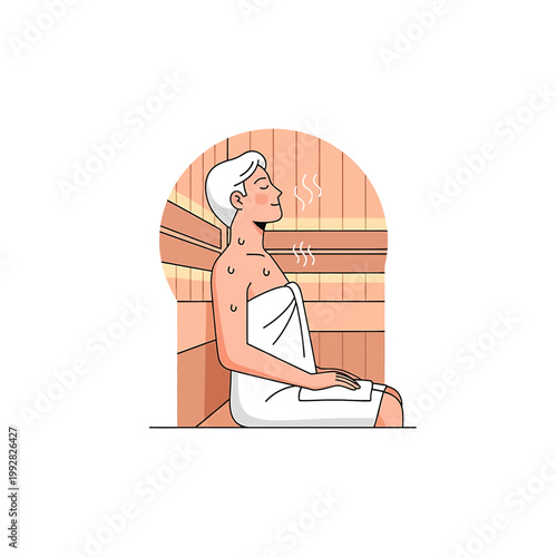 Man in sauna with white towel.