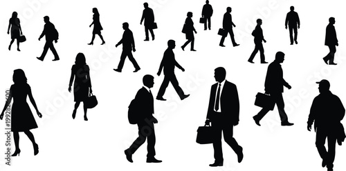 Walking business people silhouettes set with men and women carrying bags for corporate, commute, office, and professional lifestyle concepts