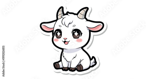 A delightful cartoon sticker of a small white baby goat with large sparkling eyes and tiny horns sits cheerfully on a white background.