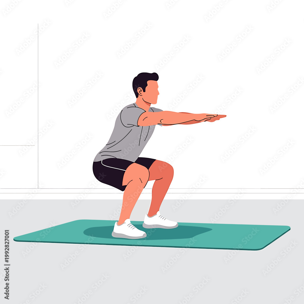 Fototapeta premium Man doing squat exercise with arms out.