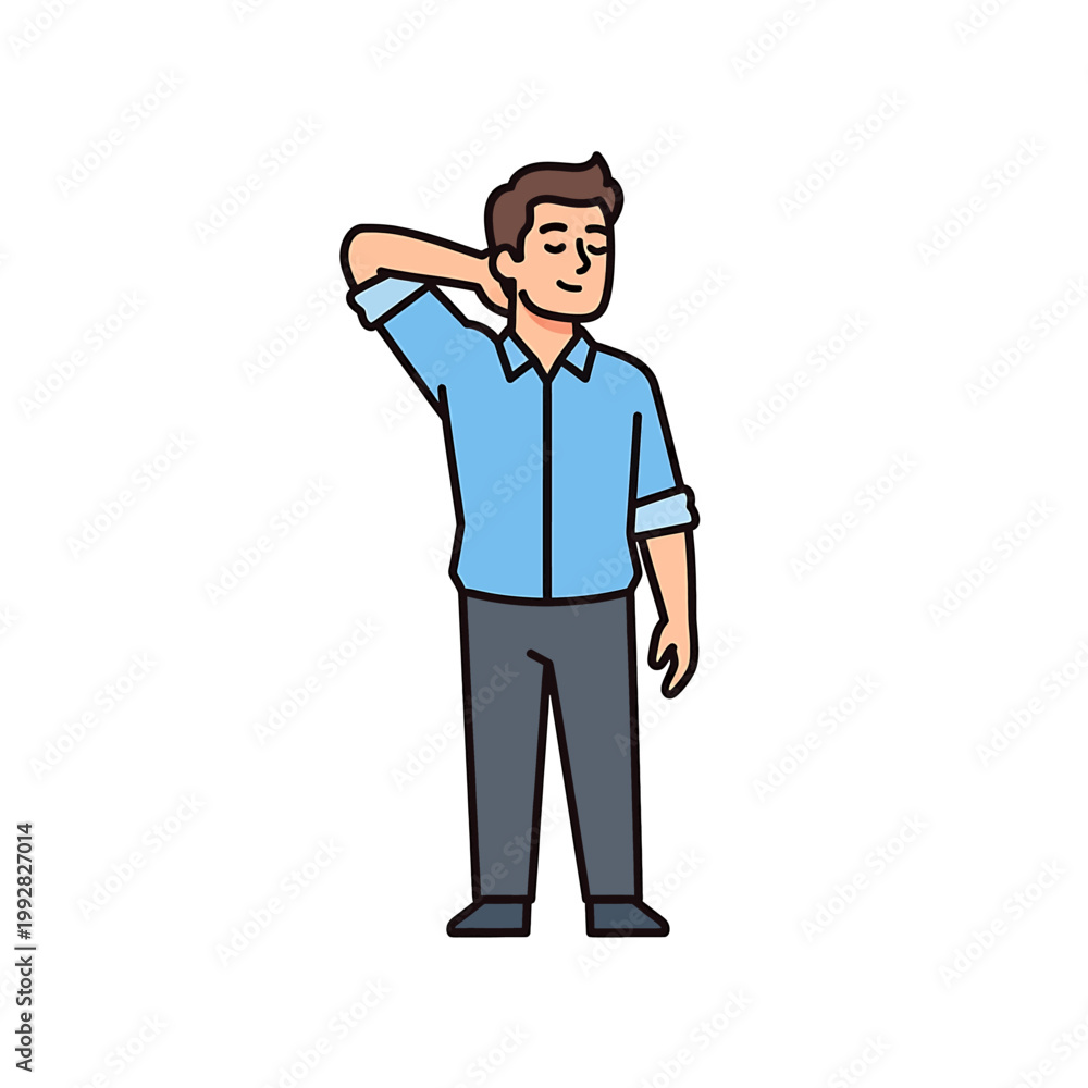 Obraz premium Man in blue shirt scratching neck.