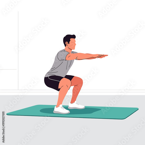 Man doing squat exercise with arms out.