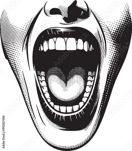 Close-up of a woman's screaming mouth with open jaws and visible teeth