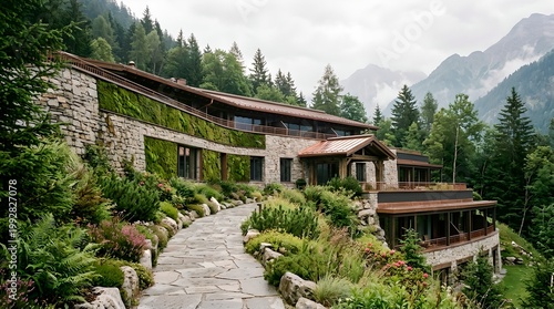 luxury mountain lodge with garden and pathway