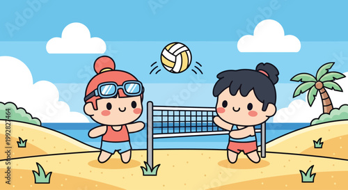 Two Children Playing Volleyball Outdoors With Ball.