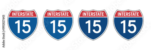 Interstate 15 Highway Vector Signs Set, US route shield road markers, transportation navigation symbol collection