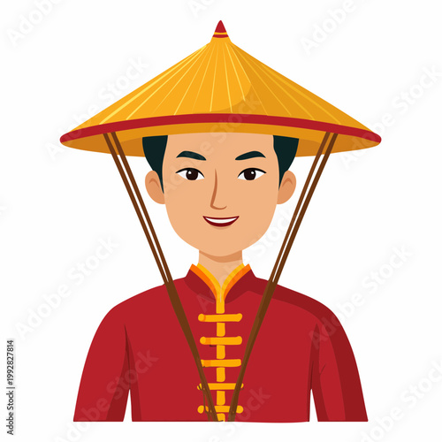 Asian Man Wearing Traditional Hat and Clothing
