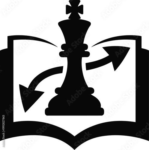 Black Vector Graphic Icon of a Chess King Piece Placed Over an Open Book with Two Curved Directional Arrows Representing Learning Chess Theory Openings Strategy Education and Advanced Game Tactics