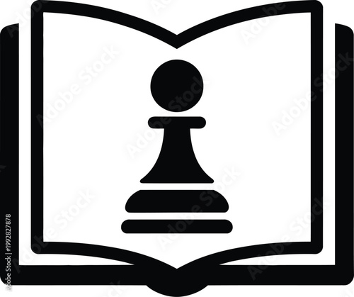 Black Vector Silhouette Icon Featuring a Chess Pawn Piece Centered Within an Open Book Layout Symbolizing Basic Learning Fundamental Tactics Educational Resources and Strategic Knowledge for Beginners