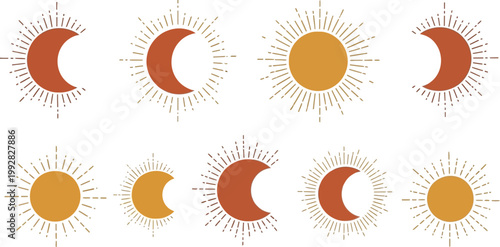 Celestial bodies sun and moon phases icons set for astrology and mystical designs