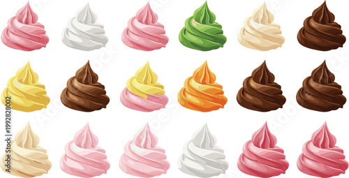 Colorful Cream Swirls Set with Whipped Frosting, Meringue, and Dessert Toppings Collection