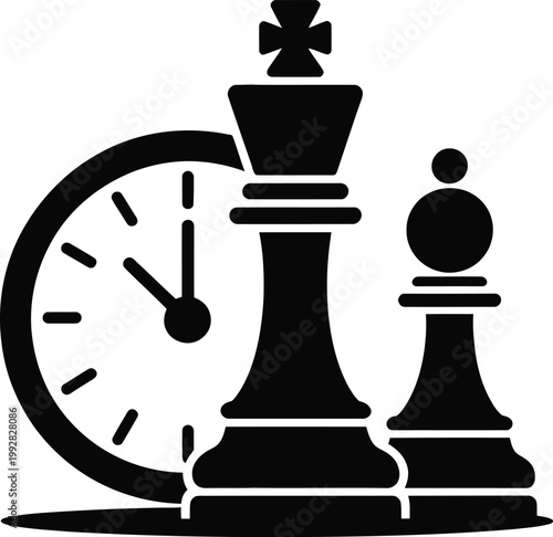 Minimalist black silhouette vector icon featuring a chess king and bishop piece positioned in front of a round analog clock symbolizing strategic time management competitive speed chess and gaming