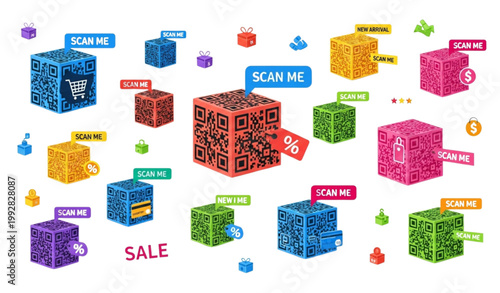 QR code marketing banner collection with colorful scan me labels and barcode elements in creative flat vector style for ecommerce and web isolated on white background