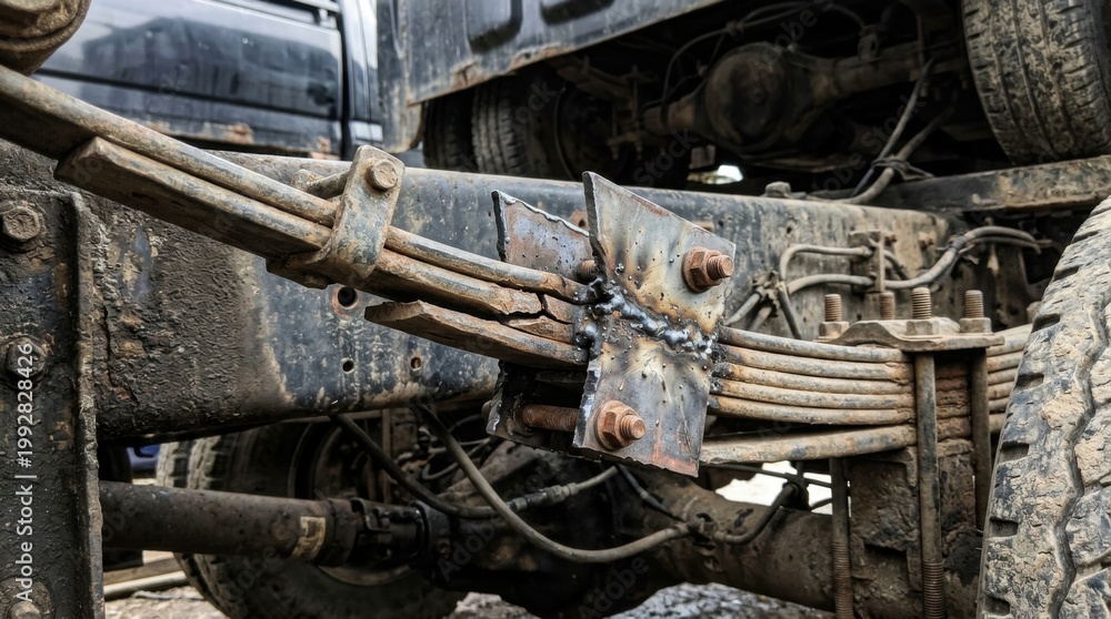 Fototapeta premium Close-up of a heavy-duty truck suspension system, detailed view.