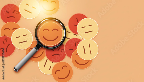 Smiley face icons with magnifying glass representing user feedback analysis.