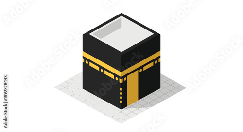An isometric illustration depicts the Kaaba a black cuboid structure adorned with golden stripes and a white top positioned on a subtly tiled floor against a white background.