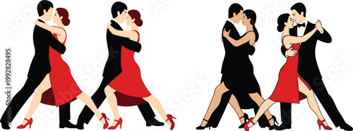 Couple dancing tango set with elegant partners in red dress and black suit, romantic ballroom dance illustration collection for love, passion and performance design