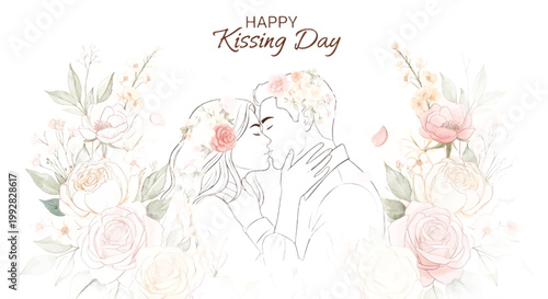 Romantic couple kissing, floral illustration, Valentine's Day card, love background