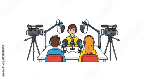 People sitting at a table with cameras and microphones.