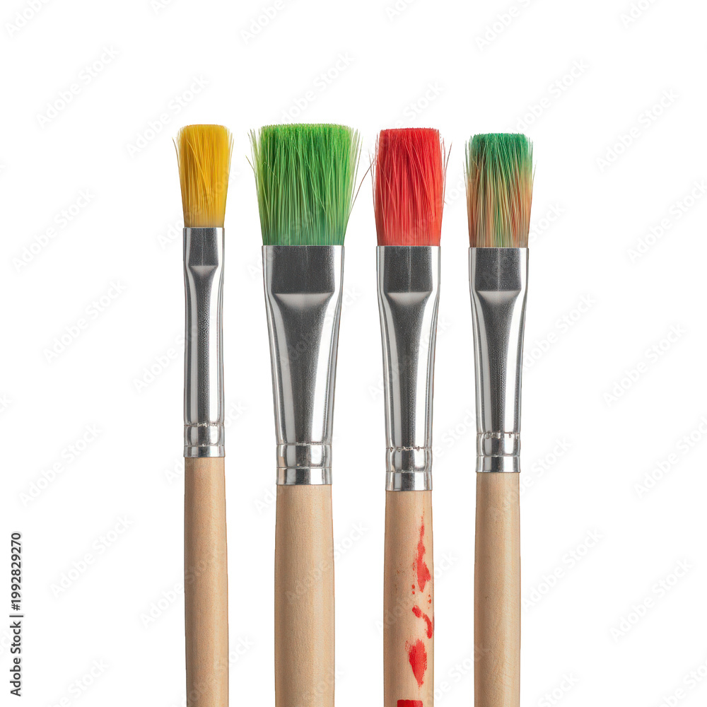 Fototapeta premium Five assorted paintbrushes with vibrant colored bristles isolated on transparent background