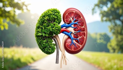A kidney split into two halves—one lush green tree, the other anatomical organ—symbolizing nature, biology, and vitality.
