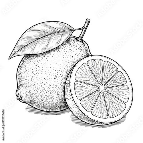 Whole and Halved Lemon with Leaf, Black and White Stipple Drawing