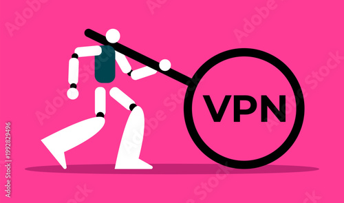 VPN protection concept with human figure pulling secure connection in minimal style. Ideal for cybersecurity, data protection, privacy, and internet security design.
