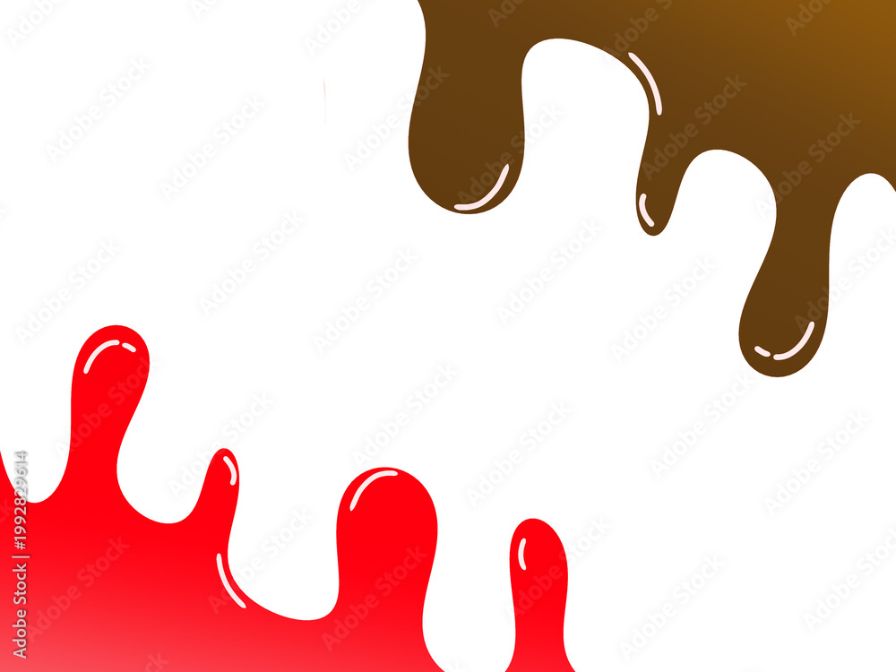 Obraz premium Vector illustration of chocolate and red syrup dripping from opposite corners on a white background.