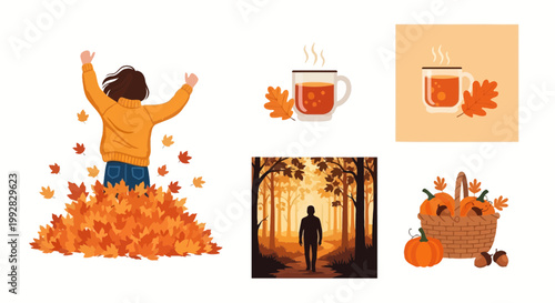 Flat design vector illustration of autumn harvest celebration with joyful people enjoying warm seasonal drinks in a vibrant fall forest setting
