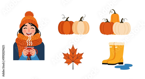 Flat design vector illustration of autumn harvest celebration featuring cozy person pumpkins and fall foliage in warm seasonal light