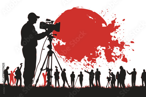 Large Red Sun Background with Cameraman Silhouette World Press Freedom Day Global Journalism Awareness Poster Design
