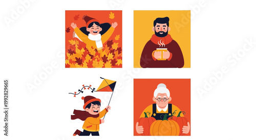 Flat design vector illustration of happy people enjoying autumn season lifestyle with warm fall colors and cheerful mood