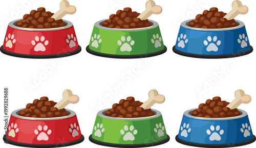 Dog Food Bowl Set with Kibble and Bone – Pet Feeding Vector Illustration Collection